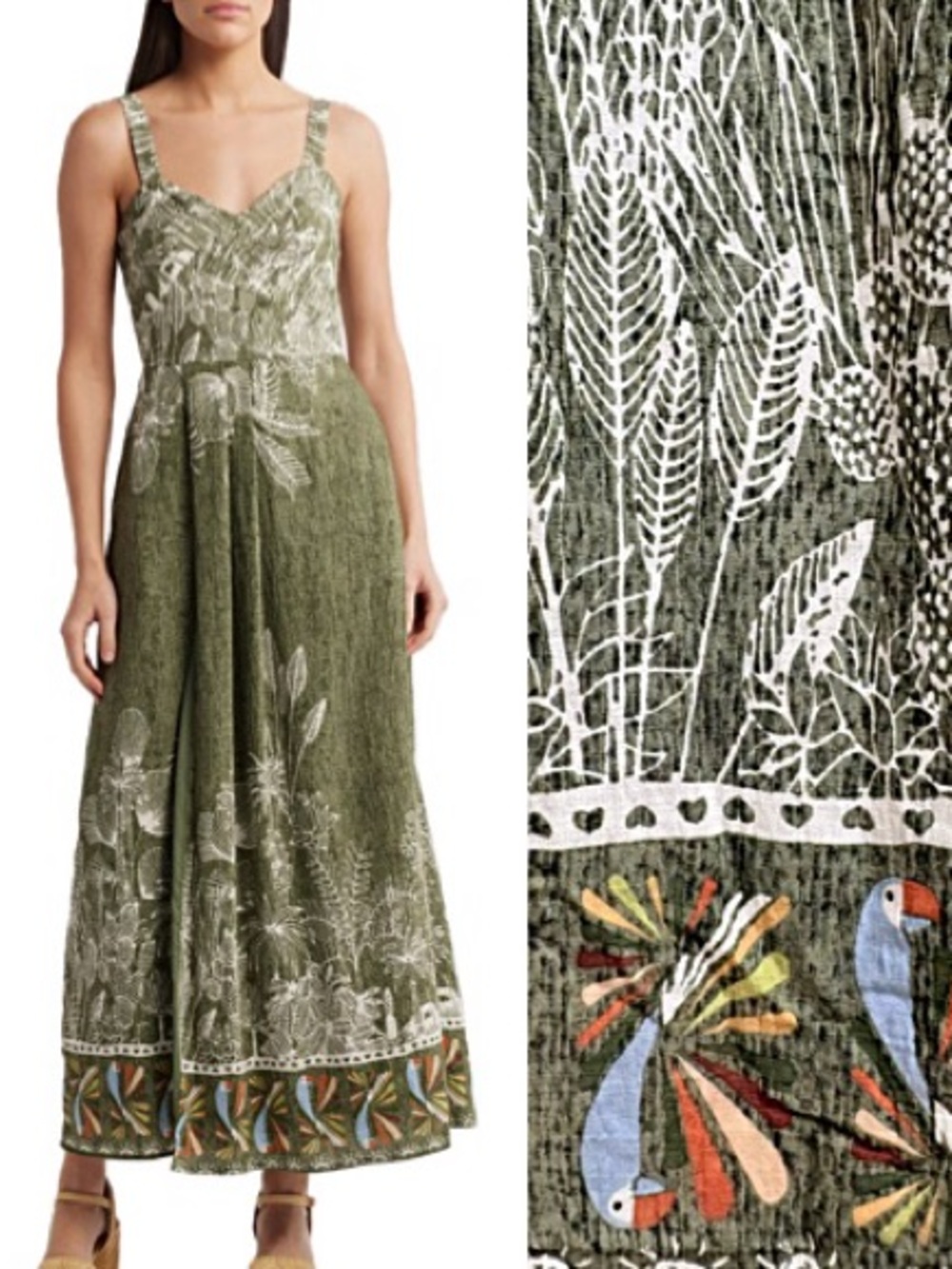 Ciebon Alayna Mixed Print Maxi Dress SIze Large Green Toucan Leaf Print Sundress